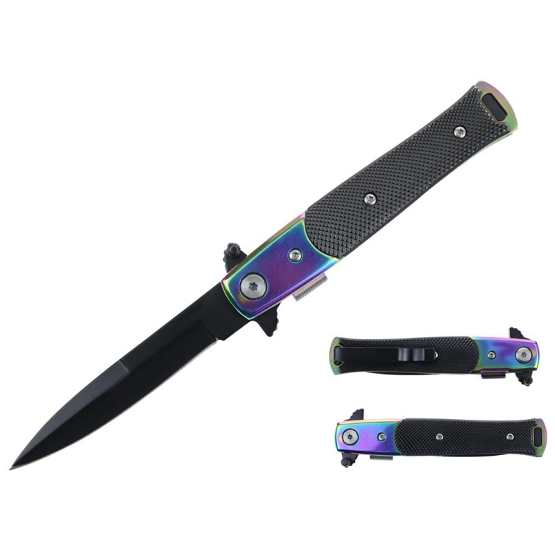 7.25" Stiletto Style Black Blade Rainbow Bolster Spring Assisted Folding Knife With Black G10 Inlay Handle
