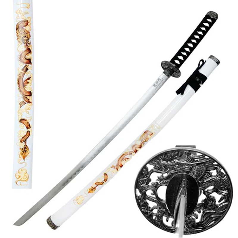 39.5" Dragon Print Design White Plastic Scabbard Carbon Steel Blade Samurai Sword