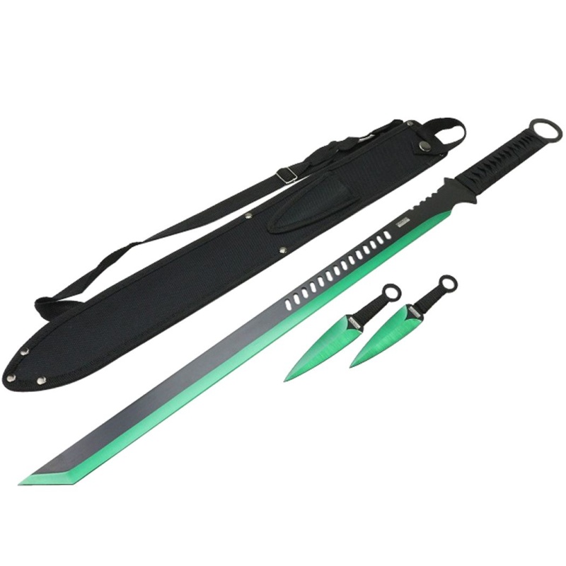 27" Green 2 Tone Blade Sword With 2 Throwing Knives And Sheath