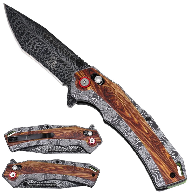 Black & White Wood Pattern Folding Pocket Knife With Clip