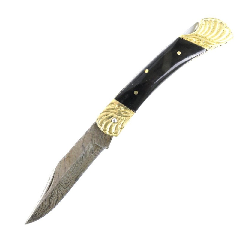 8.5" Damascus Blade Folding Knife Black Color Wood Handle Hand Made With Sheath