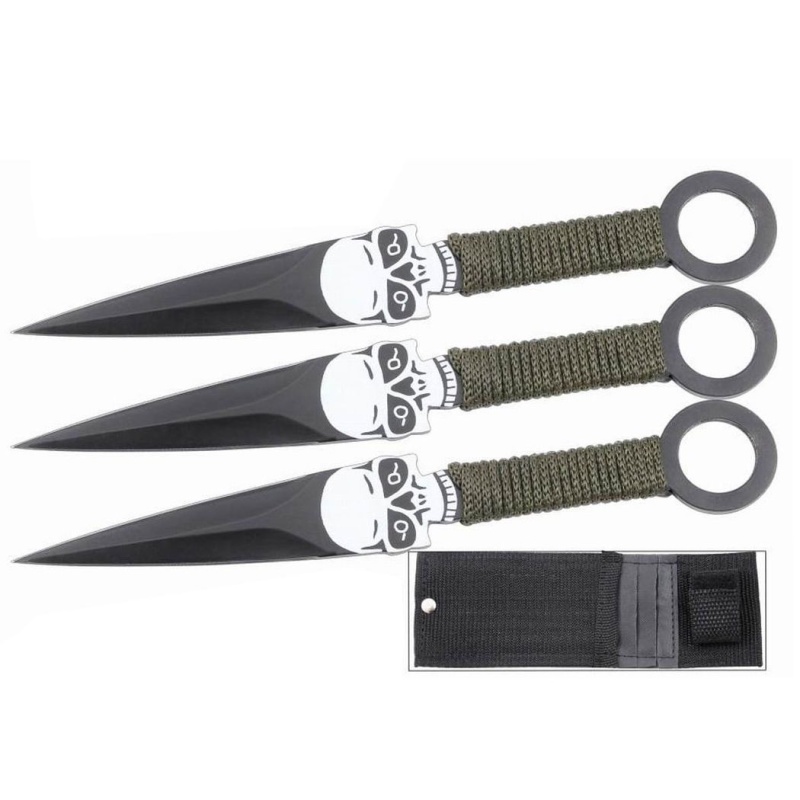 Set of 3 Throwing Knives with a Skull Design & Sheath