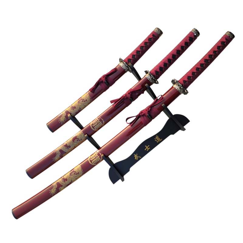 3Pc Red Katana & Gold Dragon Design Japanese Samurai Sword Set Ninja Style With Display Stand
