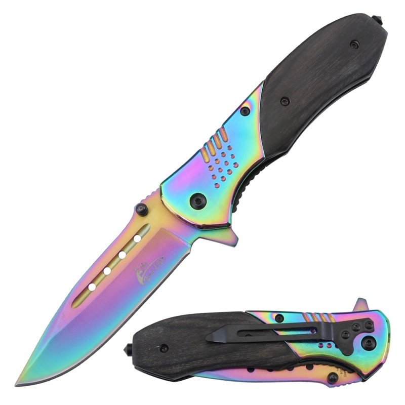 Theboneedge 8.5" All Rainbow Blade & Bolster Pakkawood Handle Spring Assisted Folding Knife