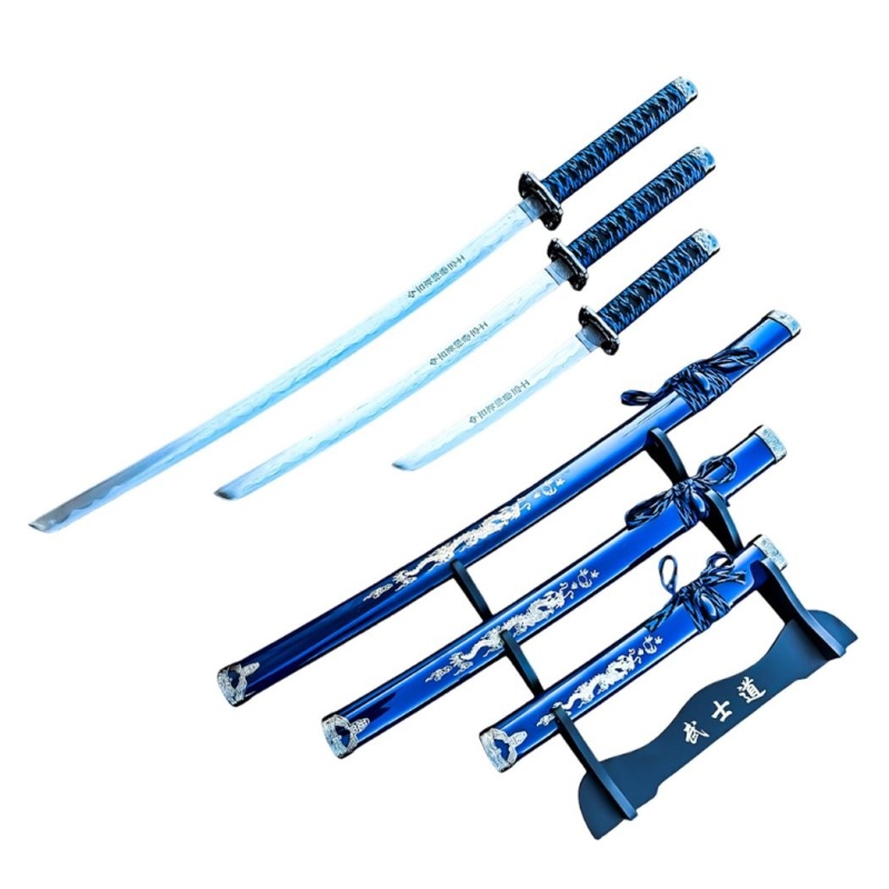 3Pc Blue Dragon Design Japanese Samurai Katana Sword Set Ninja Style With Display Stand