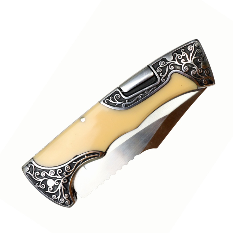 9" Yellow Jade Resin Handle Engraved Design Folding Knife 3Cr13 Stainless Steel