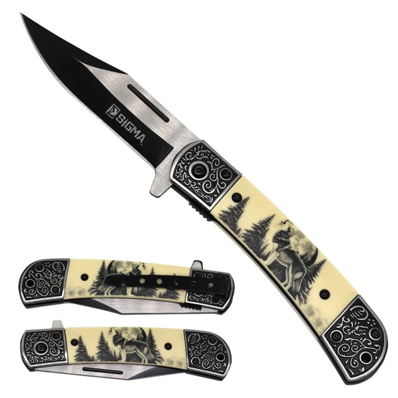 8.25" Two Tone Blade Wolf Design Handle Ball Bearing Folding Pocket Knife