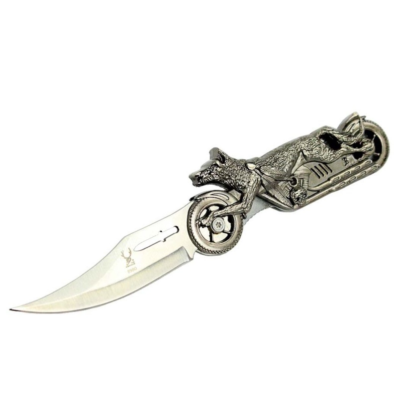 7.5" Boneedge Folding Knife W/ Wolf Motorcycle Handle
