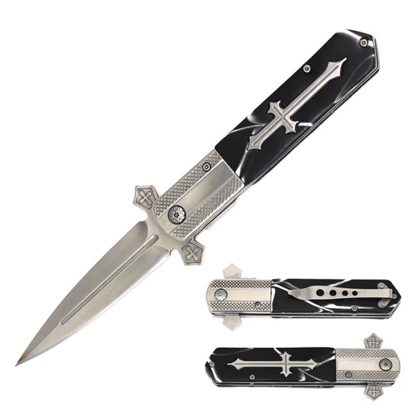 8.5" Silver Blade Black Handle W/ Cross Design Spring Assisted Folding Knife With Clip