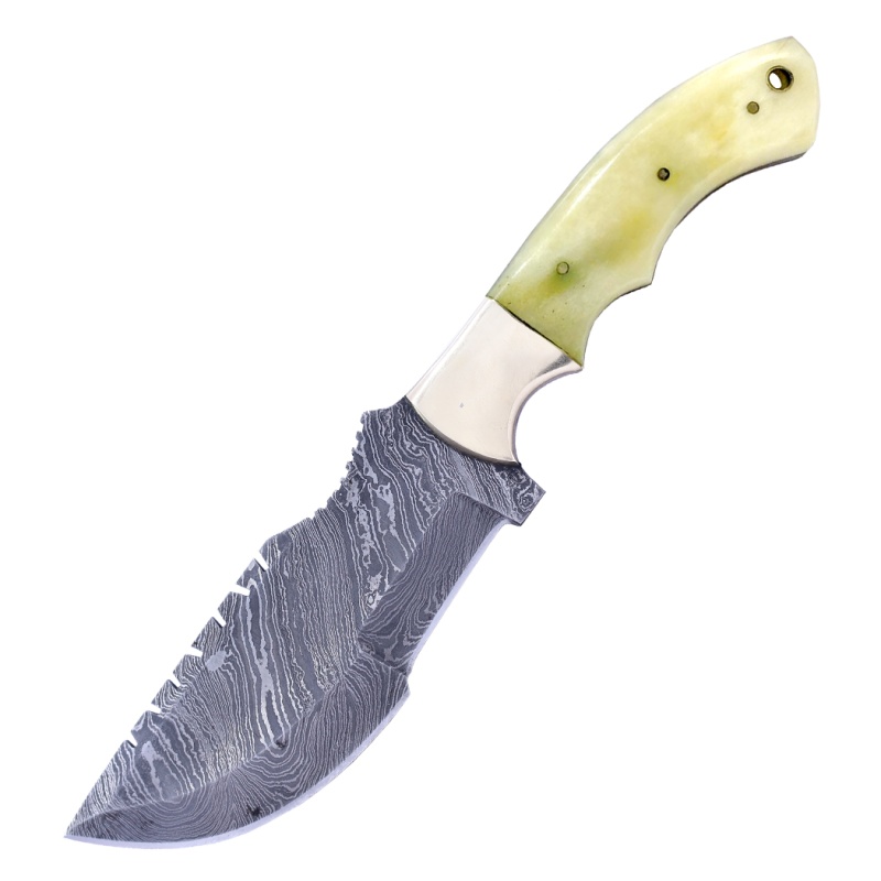 Theboneedge 10" Damascus Blade Tracker Hunting Knife Bone Handle With Leather Sheath