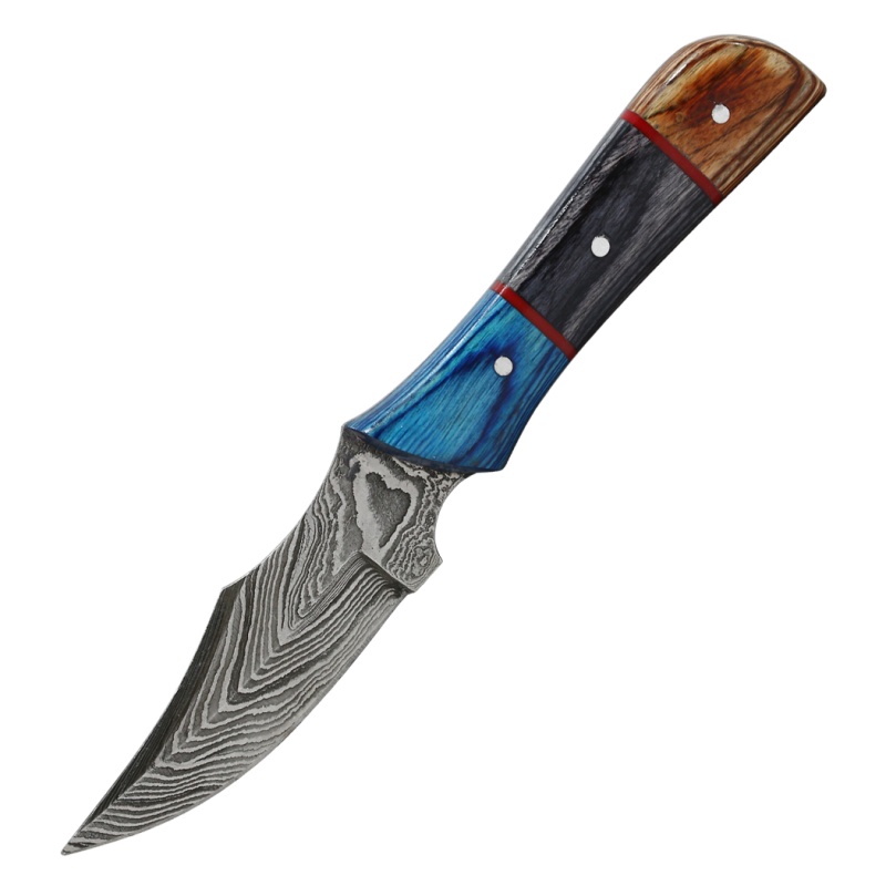 Theboneedge 6.5" Blue/Black/Brown Wood Handle Damascus Blade Hunting Knife With Sheath