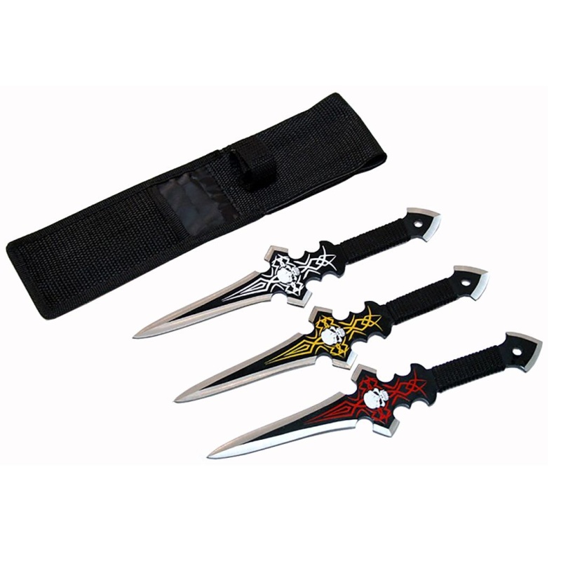Set Of 3 Skull Design Black Throwing Knives With Sheath