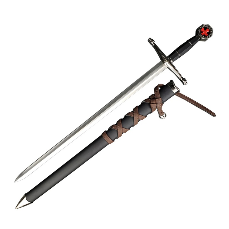 23" Medieval Style Fantasy Templar Sword Black Handle With Hard Plastic Scabbard