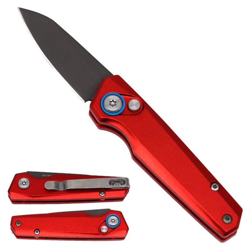 6" Red Aluminum Handle Black Mini Blade Folding Pocket Knife With Belt Clip