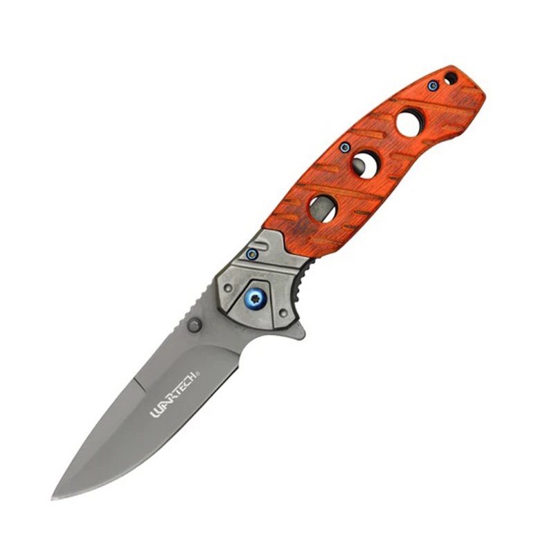 8" Grey Blade W/ Perforated Cherry Wood Inlay Spring Assisted Folding Knife With Clip