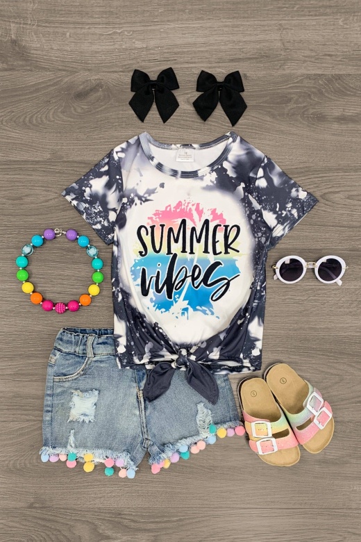 Summer Vibes Tie Top Pom Pom Denim Short Set