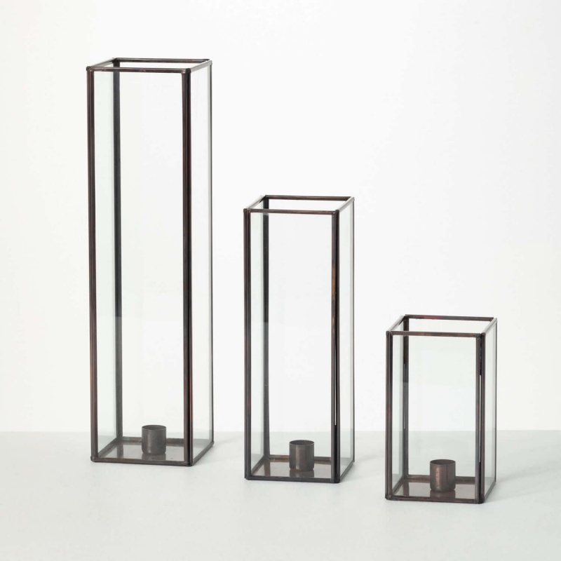 Rectangular Glass Taper Holder Modern Metal Candle Holders (Set of 3)