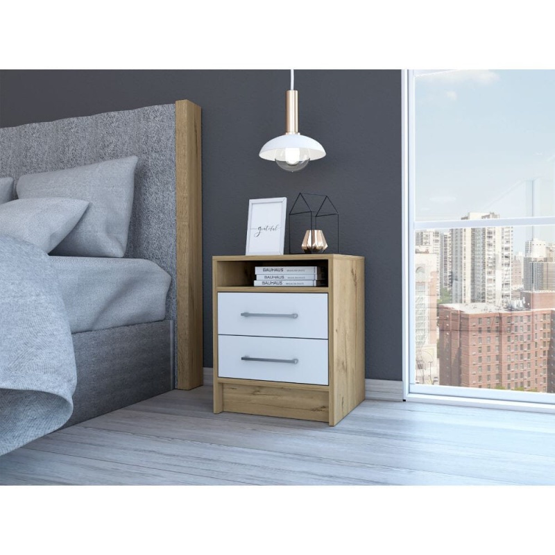 Sophisticated And Stylish White And Light Oak Nightstand