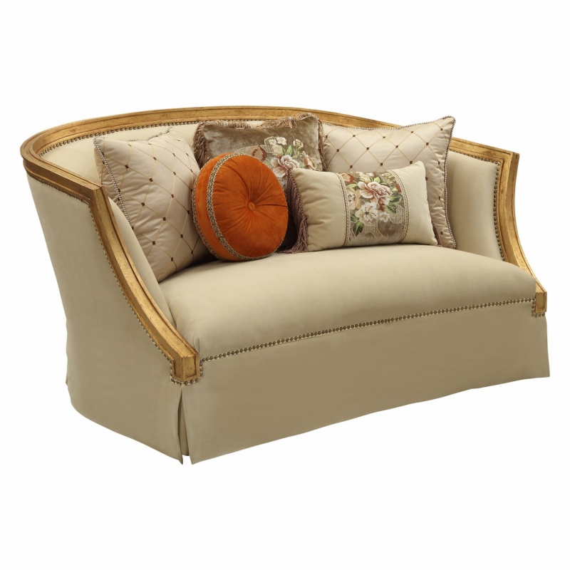 70" Tan and Gold Curved Loveseat and Toss Pillows