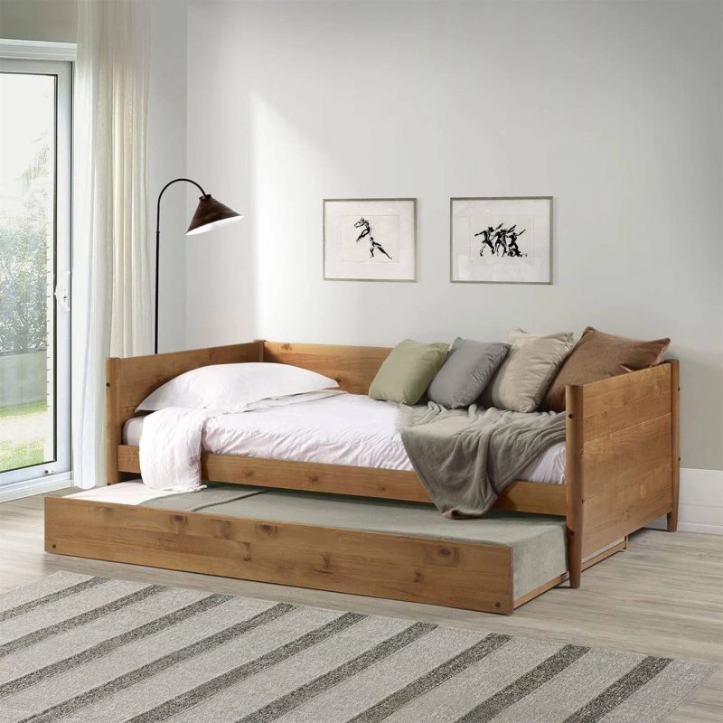 Twin Size Solid Wood Daybed With Roll Out Trundle Bed Frame In Medium Brown
