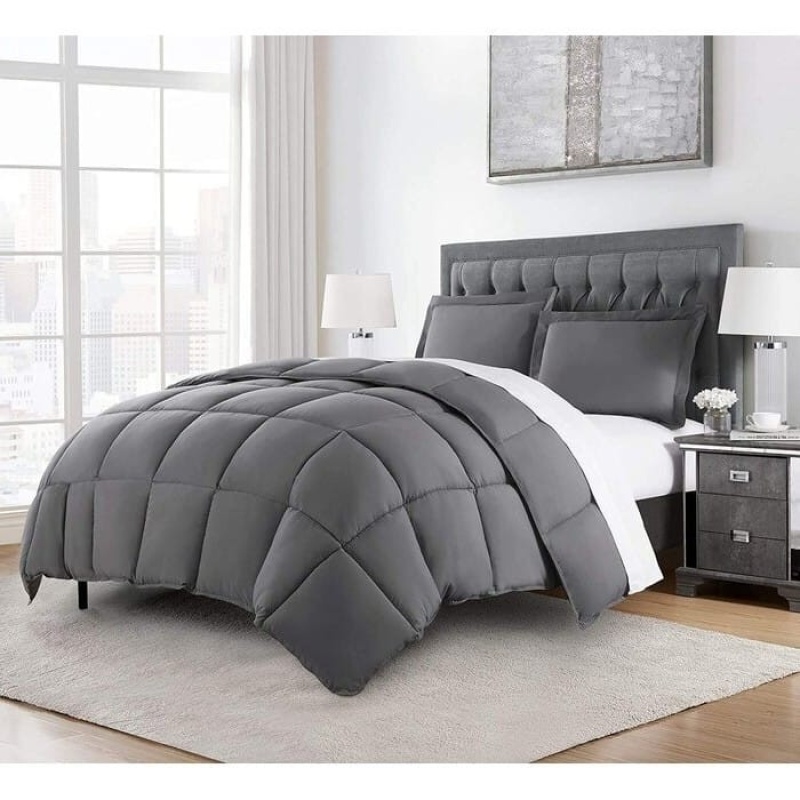 Queen Size Reversible Microfiber Down Alternative Comforter Set In Grey