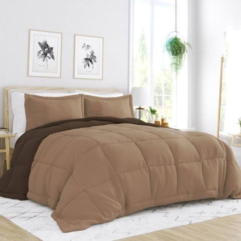 Full/Queen 3-Piece Microfiber Reversible Comforter Set In Taupe Brown