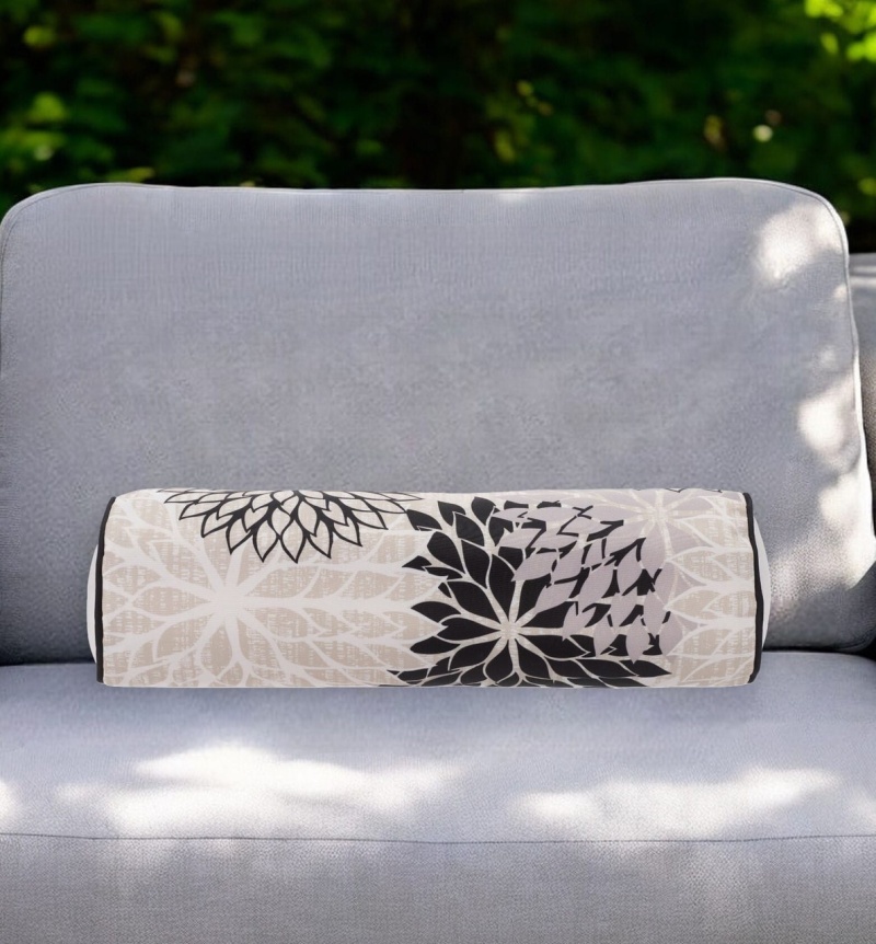 6" X 20" Black Gray And White Bolster Floral Indoor Outdoor Throw Pillow