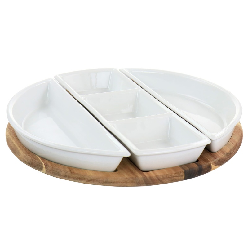 Gibson Elite Gracious Dining 4 Piece Fine Ceramic Sectional Tray Set With Acacia Wood Base