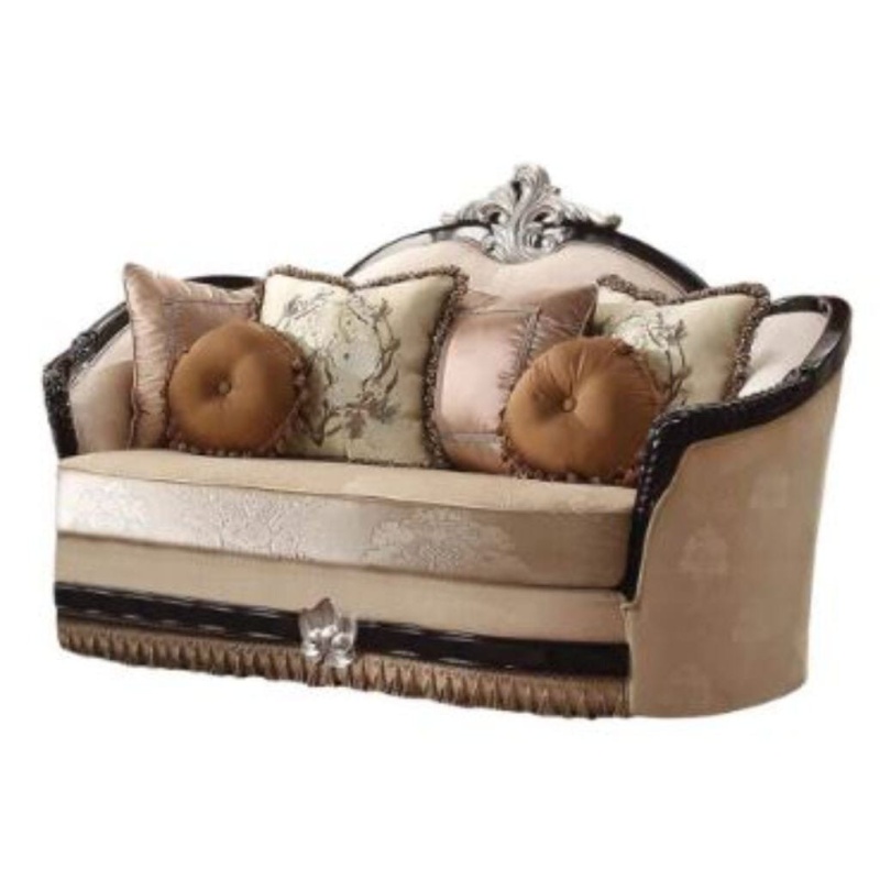 75" Tan Velvet Curved Loveseat And Toss Pillows