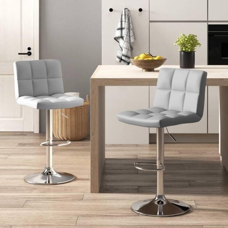 Set Of 2 Modern Adjustable Height Barstools W/ Comfortable Grey Pu Leather Seat