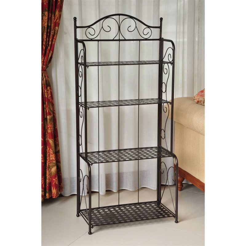 Indoor / Outdoor Folding Iron 4-Shelf Bakers Rack In Bronze With Lattice Shelves