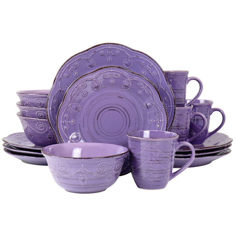 Elama Rustic Birch 16-Piece Stoneware Dinnerware Set in Purple