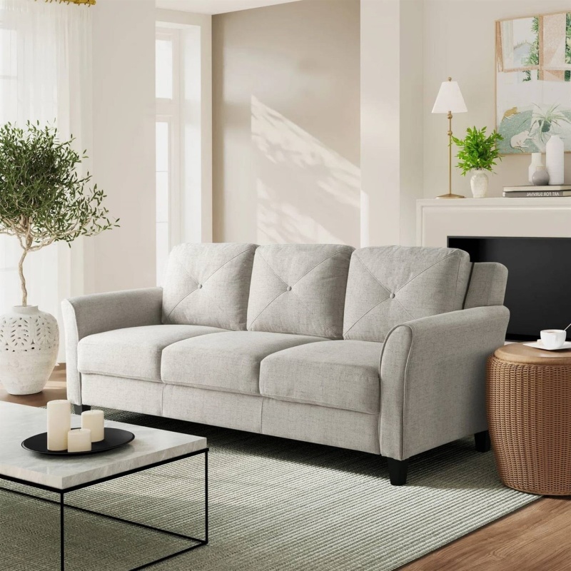 Modern 3-Seater Upholstered Sofa In Cream Microfiber With Button Tufted Cushions