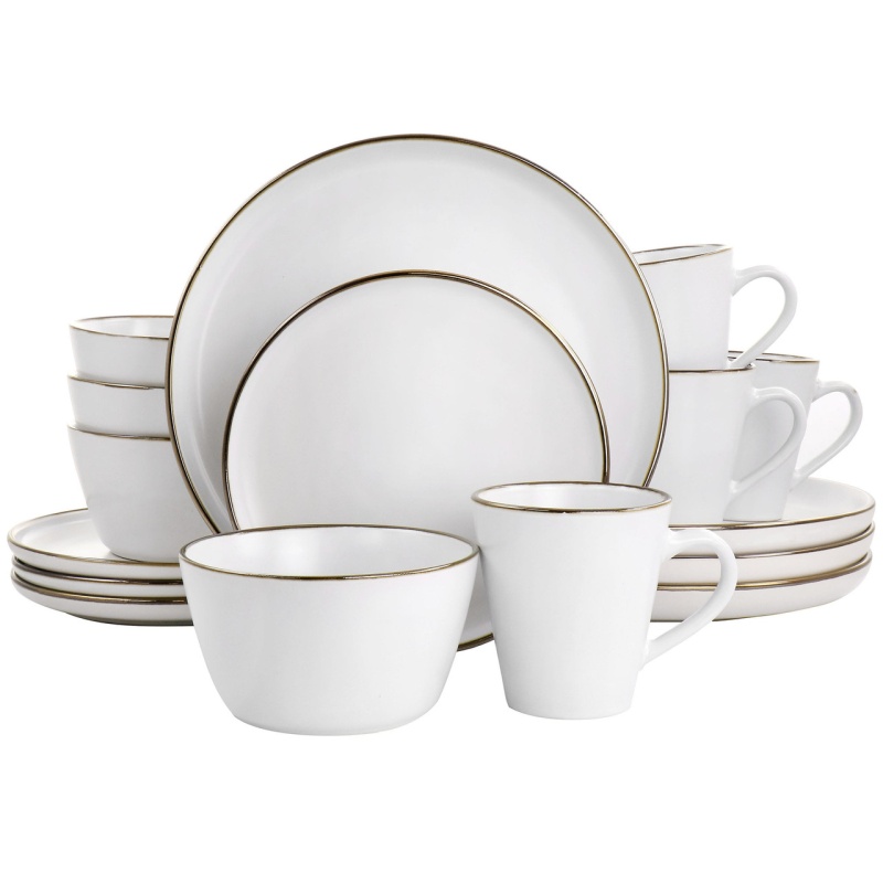 Elama Arthur 16 Piece Stoneware Dinnerware Set In Matte White With Gold Rim