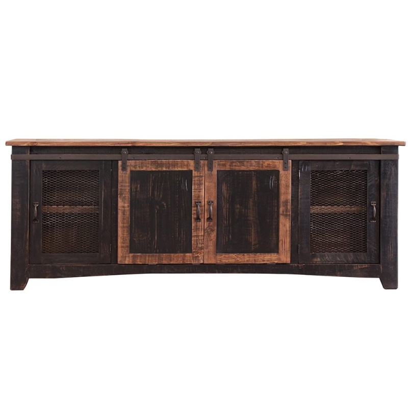 79" Black Solid Wood Cabinet Enclosed Storage Distressed Tv Stand