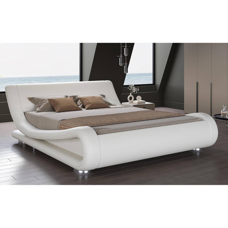 Queen Modern White Upholstered Platform Bed Frame With Sleigh Curved Headboard