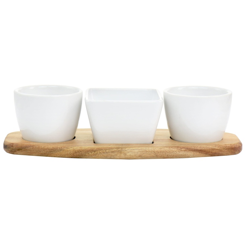 Gibson Elite Gracious Dining 4 Piece Fine Ceramic Tidbit Dish Set With Acacia Wood Base