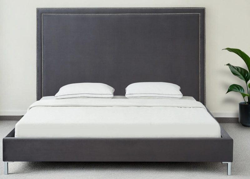 Gray Solid Wood King Upholstered Velvet Bed With Nailhead Trim