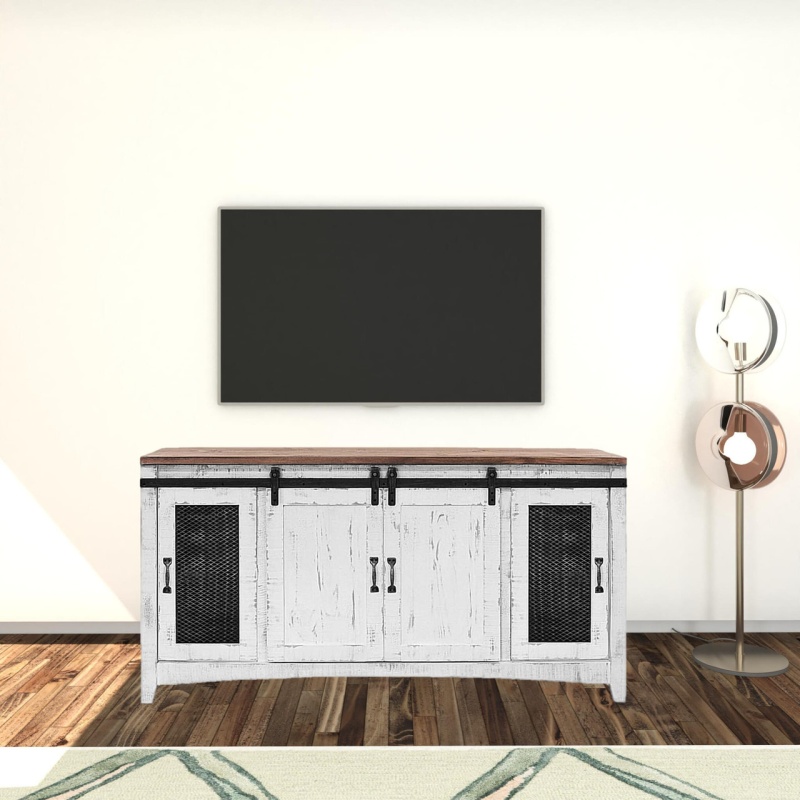 68" White Solid Wood Cabinet Enclosed Storage Distressed Tv Stand