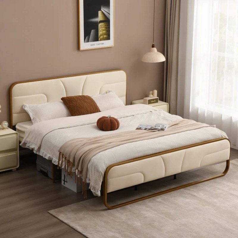 Queen Beige Upholstered Headboard Footboard Platform Bed With Gold Metal Frame