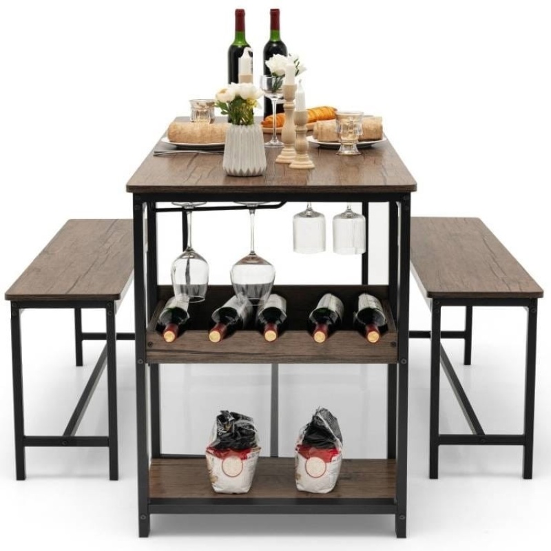 Modern Industrial 3-Piece Metal Wood Dining Set With 2 Benches And Wine Rack