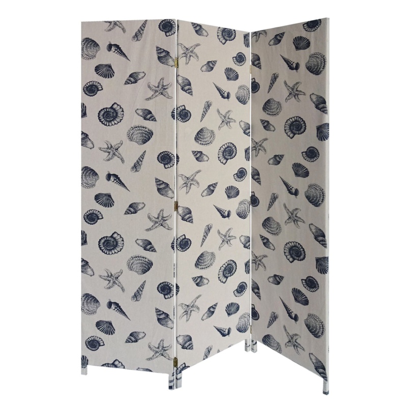 71" Blue And Beige Fabric Folding Three Panel Screen Room Divider