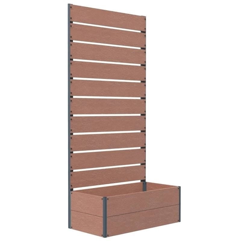 Raised Garden Bed Planter With Slatted Fence Trellis In Brown Wood Finish