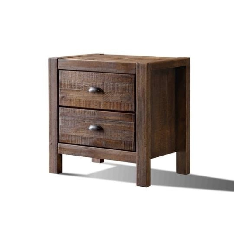 Farmhouse Style Solid Pine Wood 2-Drawer Nightstand Bedside Table In Walnut