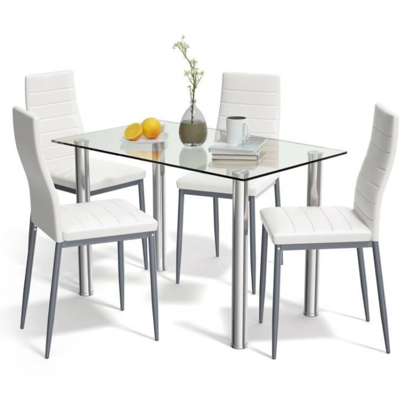 Modern 5-Piece Dining Set With Glass Top Table and 4 White PVC Leather Chairs