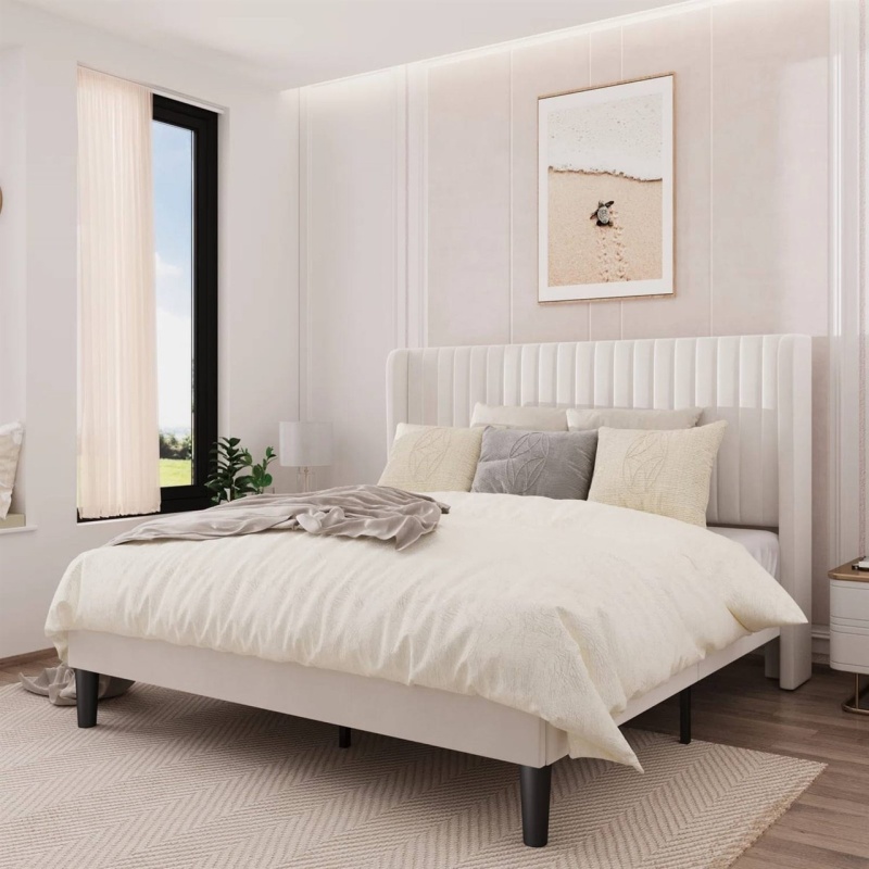Queen Size White Velvet Upholstered Platform Bed Frame With Wingback Headboard