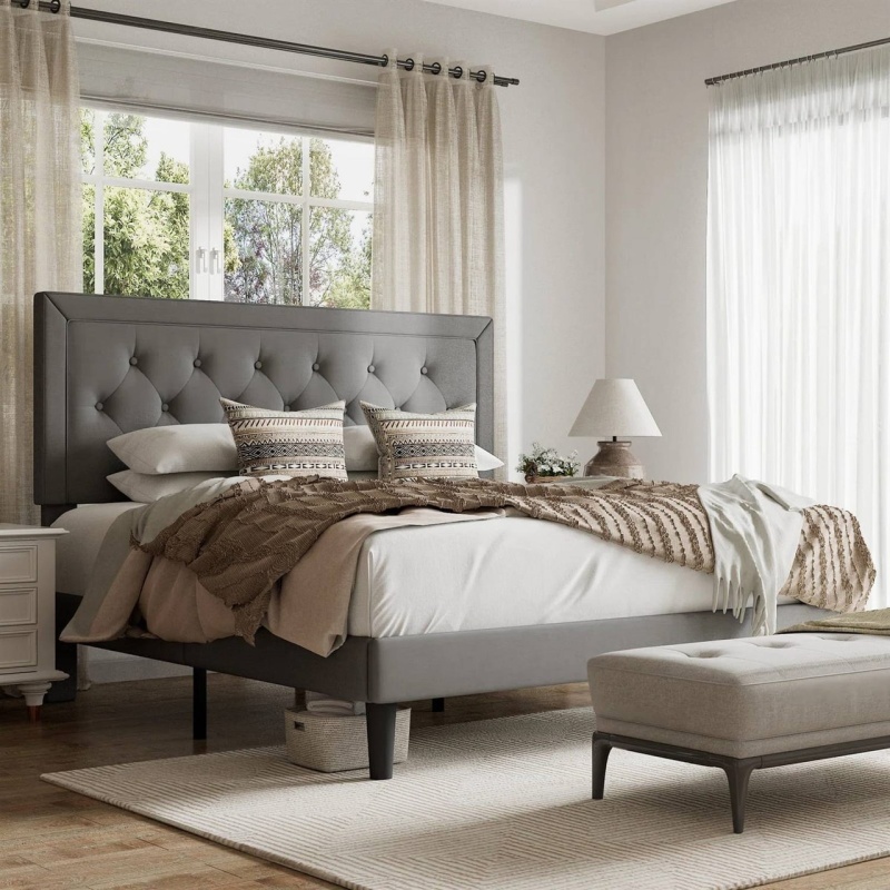Queen Grey Linen Upholstered Platform Bed Frame