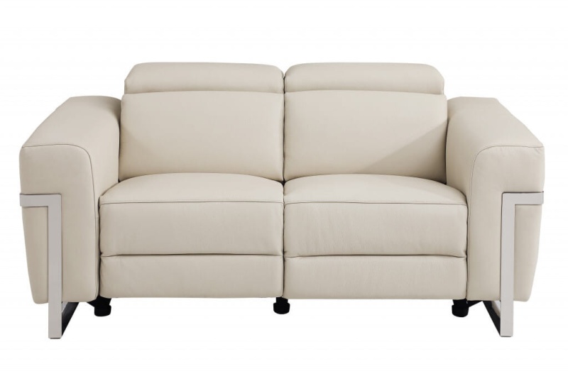 65" Beige and Silver Italian Leather Power Reclining Loveseat