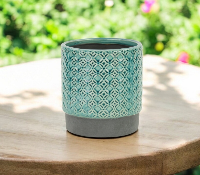 6" Turquoise Geometric Ceramic Round Pot Planter