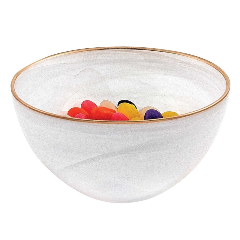 6 Hand-Crafted White Gold Glass Bowl with Gold Rim